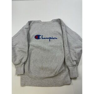 Vtg 90s Champion Reverse Weave Script Spellout Logo Sweatshirt Gray USA Made M